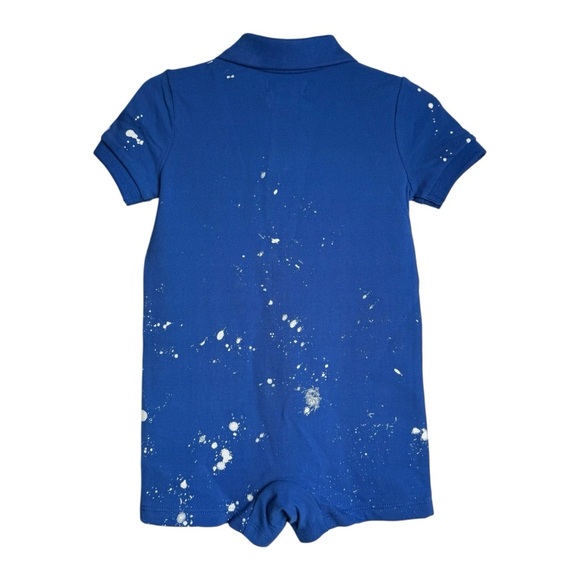 Ralph Lauren Paint Splatter Polo Mesh Shortall Romper Baby 9M Pony Logo Blue NWT - Picture 2 of 6